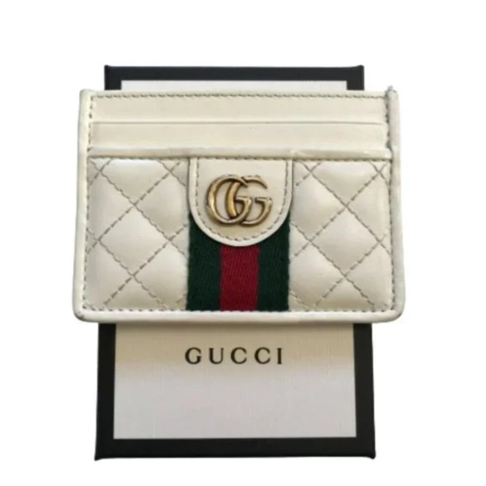 Gucci GG Marmont Stitched Ophidia Card Holder Wallet Ivory Leather Red Green
